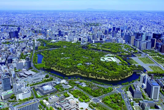 Aerial view of the Imperial Palace grounds surrounded by Tokyo